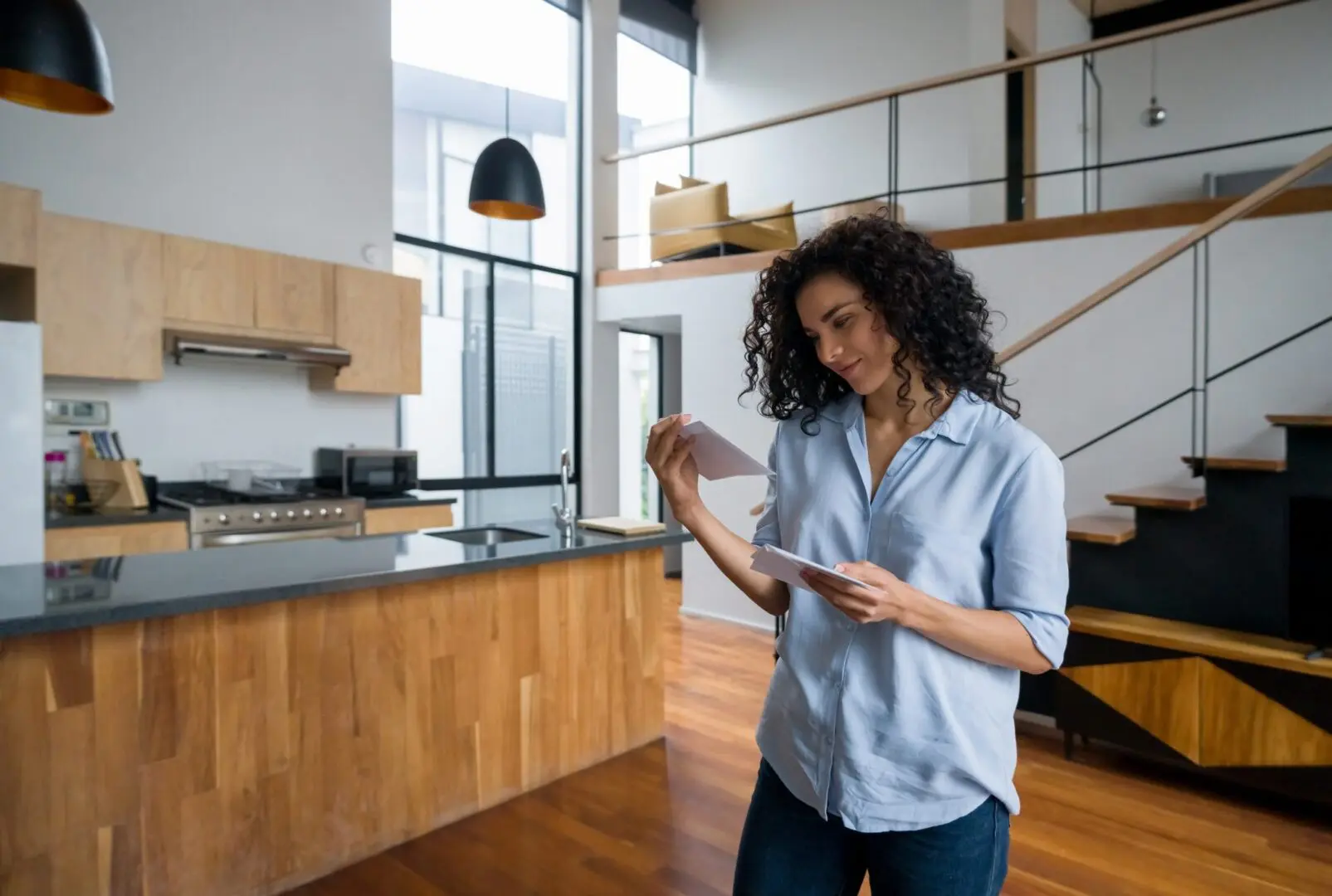 Woman reading mail in modern kitchen loft